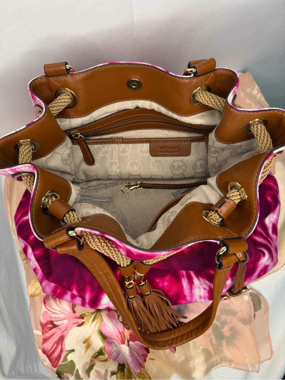 Michael Kors Hot Pink Tie-Dye Tote with Tan Leather Accents - Picture 7 of 8